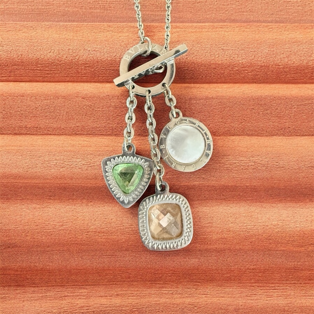 Multi-Charm Drop Necklace — Toggle Closure — Faceted Gemstone-Style Charms